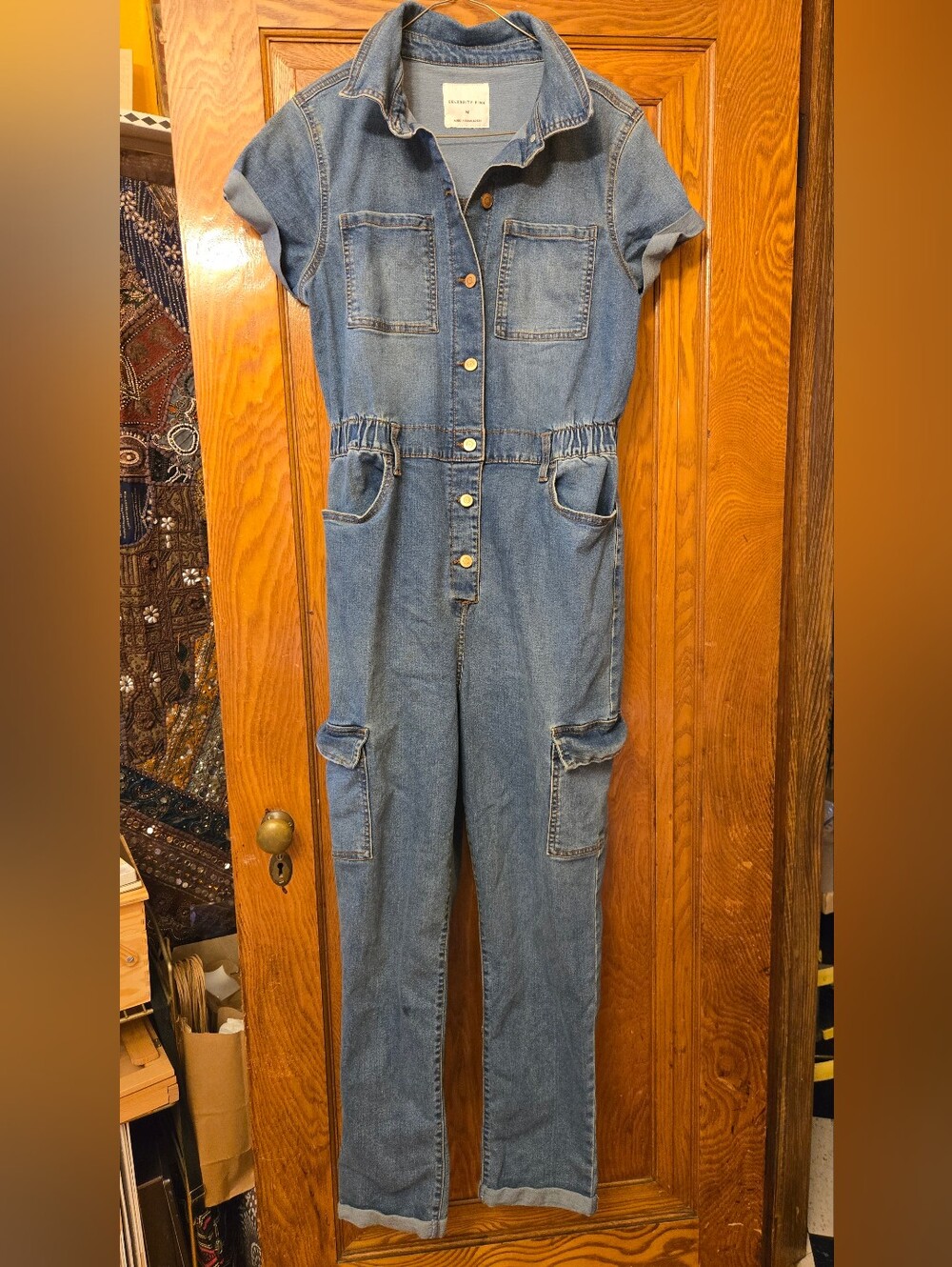 Celebrity Pink Blue Denim Short Sleeve Jumpsuit M